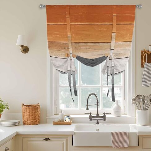Orange Gray Tie Up Curtains for Window, Farmhouse Retro Gradient Wooden Grain Thermal Insulated Balloon Shade Adjustable Rod Pocket Curtains Valance Panels for Kitchen Bathroom Café 42'' x 45'' in Saudi Arabia