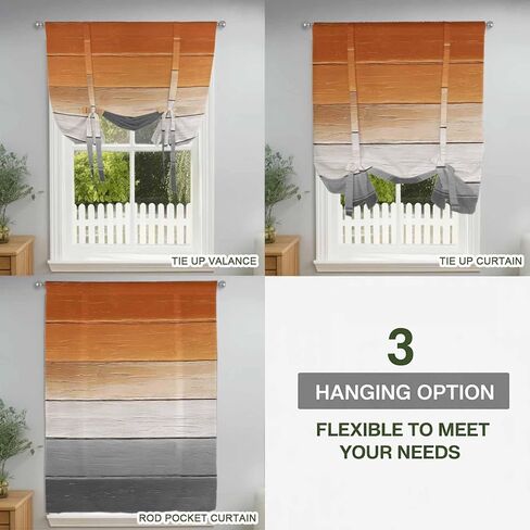 Orange Gray Tie Up Curtains for Window, Farmhouse Retro Gradient Wooden Grain Thermal Insulated Balloon Shade Adjustable Rod Pocket Curtains Valance Panels for Kitchen Bathroom Café 42'' x 45'' in Saudi Arabia