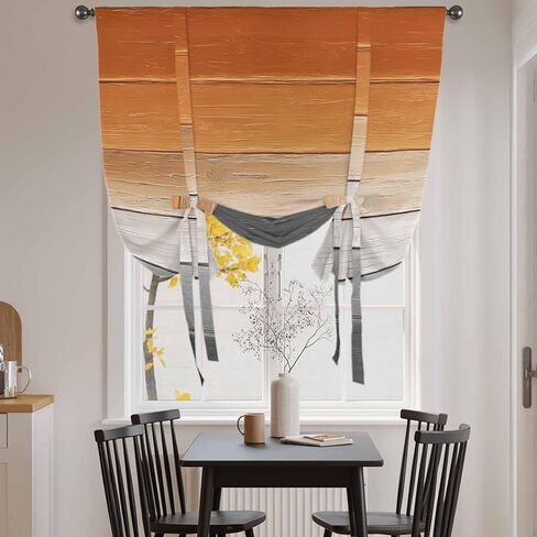 Orange Gray Tie Up Curtains for Window, Farmhouse Retro Gradient Wooden Grain Thermal Insulated Balloon Shade Adjustable Rod Pocket Curtains Valance Panels for Kitchen Bathroom Café 42'' x 45'' in Saudi Arabia