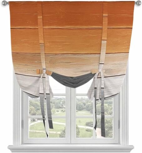 Orange Gray Tie Up Curtains for Window, Farmhouse Retro Gradient Wooden Grain Thermal Insulated Balloon Shade Adjustable Rod Pocket Curtains Valance Panels for Kitchen Bathroom Café 42'' x 45'' in Saudi Arabia