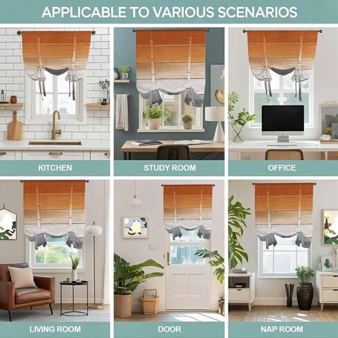 Orange Gray Tie Up Curtains for Window, Farmhouse Retro Gradient Wooden Grain Thermal Insulated Balloon Shade Adjustable Rod Pocket Curtains Valance Panels for Kitchen Bathroom Café 42'' x 45'' in Saudi Arabia
