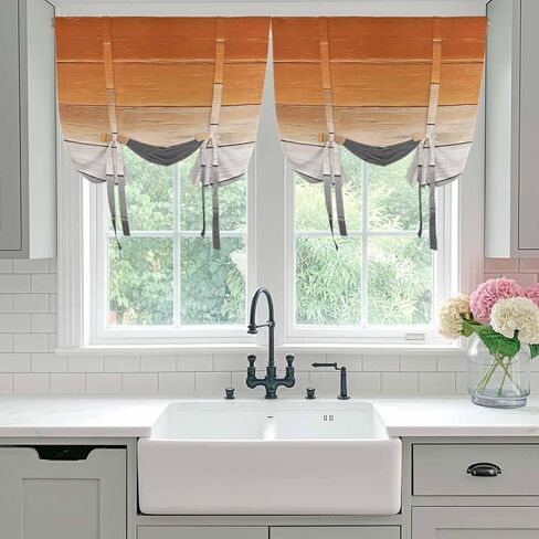 Orange Gray Tie Up Curtains for Window, Farmhouse Retro Gradient Wooden Grain Thermal Insulated Balloon Shade Adjustable Rod Pocket Curtains Valance Panels for Kitchen Bathroom Café 42'' x 45'' in Saudi Arabia