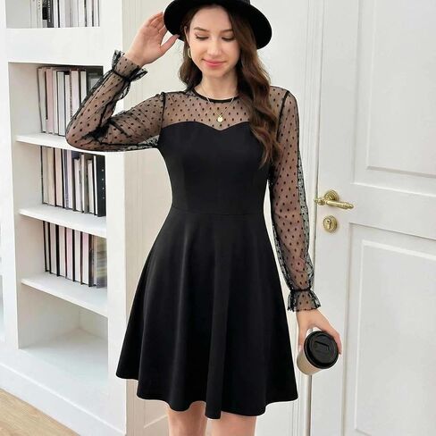 Girls Long Sleeve Dress Round Neck Heart Polka Dot Mesh Tulle Flare A Line Dress Party Holiday School Outfit in Saudi Arabia