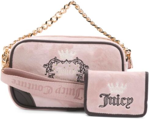 حقيبة كاميرا Juicy Couture Heritage رفيعة مع حزام سلسلة ذهبي ومحفظة CC متطابقة على شكل ظرف in Saudi Arabia
