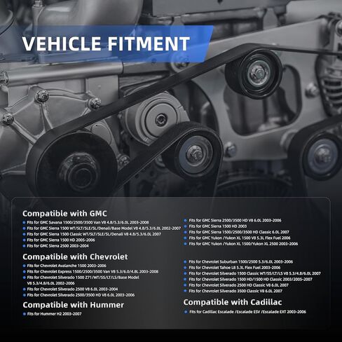 Complete Serpentine Belt Drive Kit, for Chevrolet Avalanche/Express 1500 02-08, for GMC Savana/Sierra 02-08, for Hummer H2 03-07, for Cadillac Escalade 03-06#OE 38158 12555609 in Kuwait