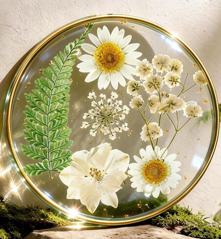 Oqplog Resin Drink Coaster for Desk Coffee Table-White Cute Dried Flowers Cup Coaster for Work Office Home Outdoor Decor Gifts for Girls Women,1 Pcs in Kuwait