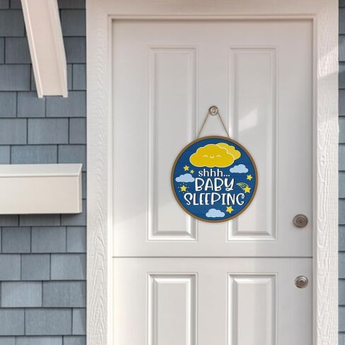 Shh Baby Sleeping Front Door Sign, Navy Blue Cloud Stars Wood Hanger Nursery Kids Infant Children Bedroom Home Decor, Farmhouse Rustic Wooden Wreath Indoor Wall Hanging Decoration in Kuwait