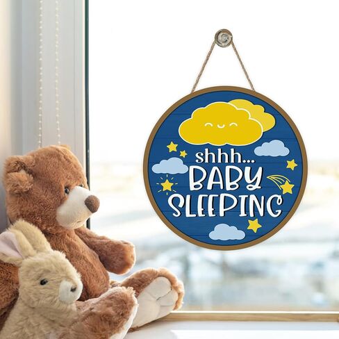 Shh Baby Sleeping Front Door Sign, Navy Blue Cloud Stars Wood Hanger Nursery Kids Infant Children Bedroom Home Decor, Farmhouse Rustic Wooden Wreath Indoor Wall Hanging Decoration in Kuwait