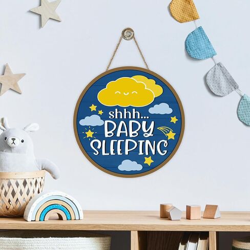 Shh Baby Sleeping Front Door Sign, Navy Blue Cloud Stars Wood Hanger Nursery Kids Infant Children Bedroom Home Decor, Farmhouse Rustic Wooden Wreath Indoor Wall Hanging Decoration in Kuwait