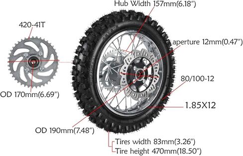 TDPRO Rear 3.00-12 1.85x12 Wheel With 12mm Bearing Axle 80/100-12 Tire Rim & Brake Disc Rotor and Sprocket For Dirt Pit Bike in Kuwait
