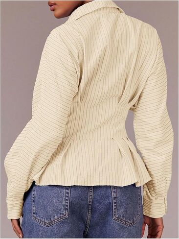 Women's Striped Button Down Collared Shirts Waist Cinched Long Sleeve Blouses in Saudi Arabia