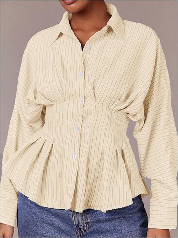 Women's Striped Button Down Collared Shirts Waist Cinched Long Sleeve Blouses in Saudi Arabia