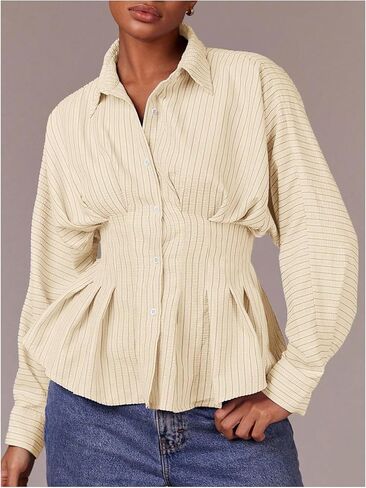 Women's Striped Button Down Collared Shirts Waist Cinched Long Sleeve Blouses in Saudi Arabia