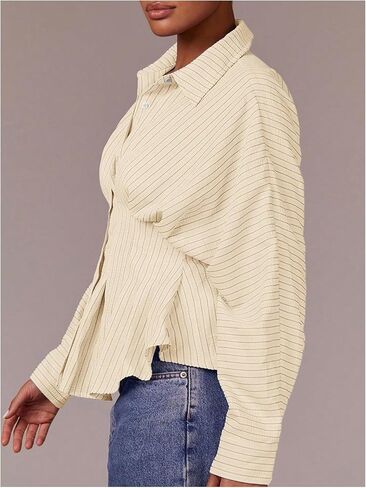 Women's Striped Button Down Collared Shirts Waist Cinched Long Sleeve Blouses in Saudi Arabia