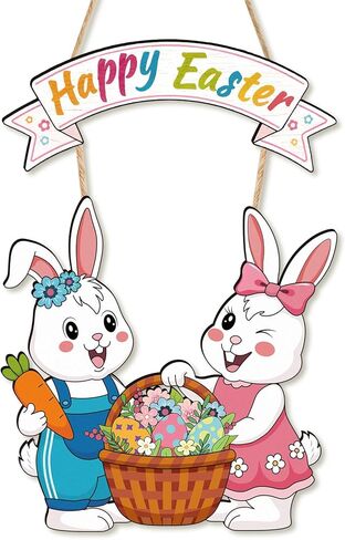 Easter Wreath Decorations for Front Door, Wooden Happy Easter Bunny Door Hanger Welcome Sign with Hemp Rope for Spring Home Farmhouse Party Porch Window Wall Decor Indoor Outdoor in Kuwait