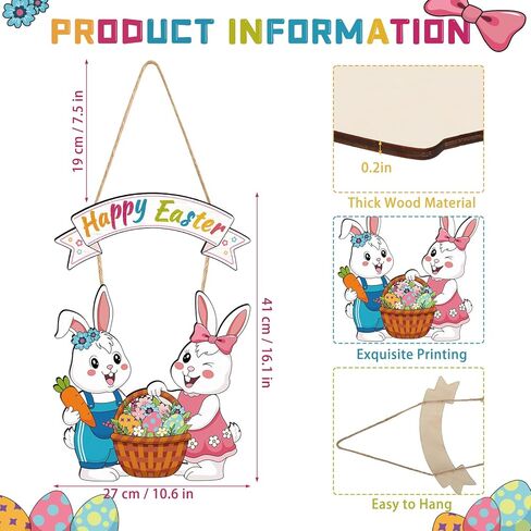 Easter Wreath Decorations for Front Door, Wooden Happy Easter Bunny Door Hanger Welcome Sign with Hemp Rope for Spring Home Farmhouse Party Porch Window Wall Decor Indoor Outdoor in Kuwait