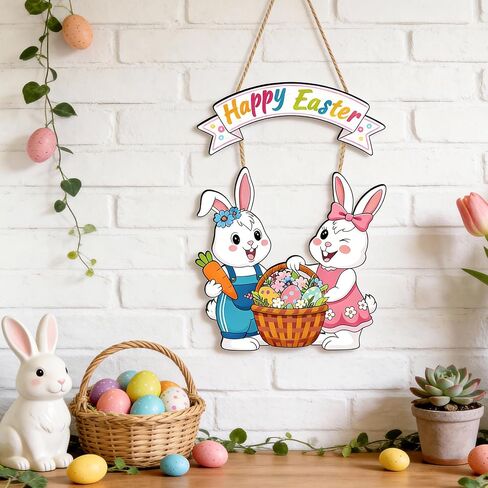 Easter Wreath Decorations for Front Door, Wooden Happy Easter Bunny Door Hanger Welcome Sign with Hemp Rope for Spring Home Farmhouse Party Porch Window Wall Decor Indoor Outdoor in Kuwait