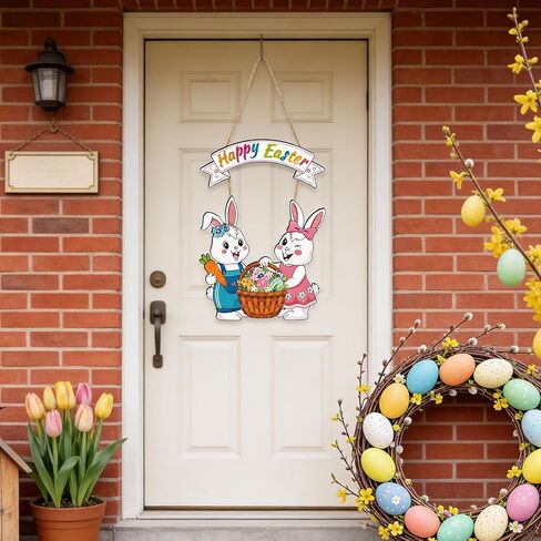 Easter Wreath Decorations for Front Door, Wooden Happy Easter Bunny Door Hanger Welcome Sign with Hemp Rope for Spring Home Farmhouse Party Porch Window Wall Decor Indoor Outdoor in Kuwait