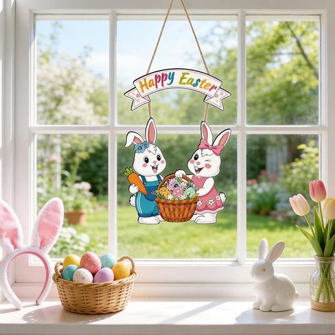 Easter Wreath Decorations for Front Door, Wooden Happy Easter Bunny Door Hanger Welcome Sign with Hemp Rope for Spring Home Farmhouse Party Porch Window Wall Decor Indoor Outdoor in Kuwait