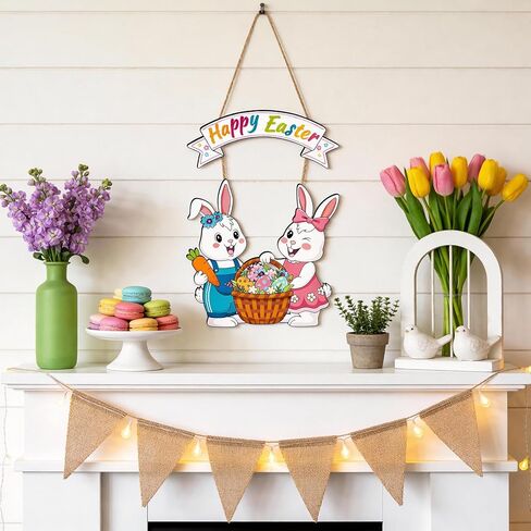 Easter Wreath Decorations for Front Door, Wooden Happy Easter Bunny Door Hanger Welcome Sign with Hemp Rope for Spring Home Farmhouse Party Porch Window Wall Decor Indoor Outdoor in Kuwait