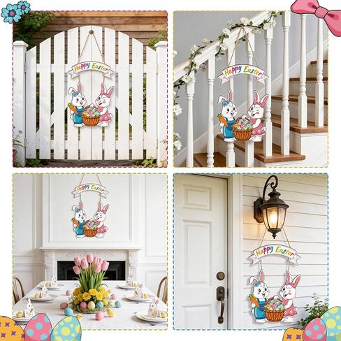 Easter Wreath Decorations for Front Door, Wooden Happy Easter Bunny Door Hanger Welcome Sign with Hemp Rope for Spring Home Farmhouse Party Porch Window Wall Decor Indoor Outdoor in Kuwait