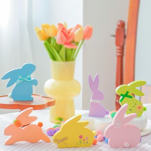 NYUWOUARC Easter Decorations,6 Pcs Wooden Bunny Colorful Table Signs With Cute Decor for the Home,Spring Easter Pastel Rabbit Decor For Shelf Mantel Indoor Office, Tiered Tray Set in Saudi Arabia