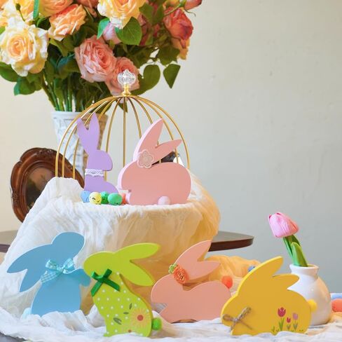 NYUWOUARC Easter Decorations,6 Pcs Wooden Bunny Colorful Table Signs With Cute Decor for the Home,Spring Easter Pastel Rabbit Decor For Shelf Mantel Indoor Office, Tiered Tray Set in Saudi Arabia