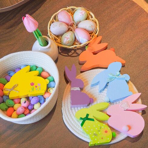 NYUWOUARC Easter Decorations,6 Pcs Wooden Bunny Colorful Table Signs With Cute Decor for the Home,Spring Easter Pastel Rabbit Decor For Shelf Mantel Indoor Office, Tiered Tray Set in Saudi Arabia