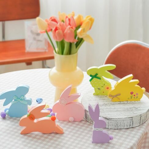 NYUWOUARC Easter Decorations,6 Pcs Wooden Bunny Colorful Table Signs With Cute Decor for the Home,Spring Easter Pastel Rabbit Decor For Shelf Mantel Indoor Office, Tiered Tray Set in Saudi Arabia