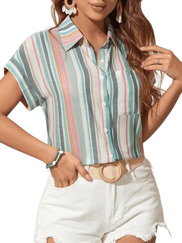SHENHE Women's Striped Button Down Shirt Short Sleeve Summer Casual Work Shirt Blouse Top in Saudi Arabia