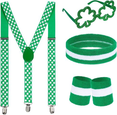 4pcs St. Patrick's Day Accessory Set - Shamrock Suspenders, Glitter Glasses, Striped Wristbands & Headband for Leprechaun Costume Irish Party Outfit in Saudi Arabia