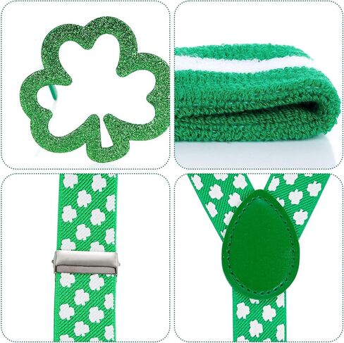 4pcs St. Patrick's Day Accessory Set - Shamrock Suspenders, Glitter Glasses, Striped Wristbands & Headband for Leprechaun Costume Irish Party Outfit in Saudi Arabia