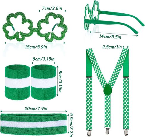 4pcs St. Patrick's Day Accessory Set - Shamrock Suspenders, Glitter Glasses, Striped Wristbands & Headband for Leprechaun Costume Irish Party Outfit in Saudi Arabia