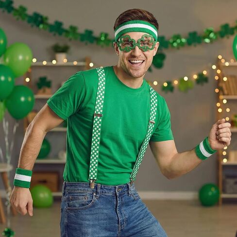 4pcs St. Patrick's Day Accessory Set - Shamrock Suspenders, Glitter Glasses, Striped Wristbands & Headband for Leprechaun Costume Irish Party Outfit in Saudi Arabia