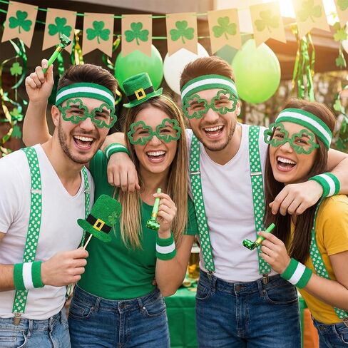 4pcs St. Patrick's Day Accessory Set - Shamrock Suspenders, Glitter Glasses, Striped Wristbands & Headband for Leprechaun Costume Irish Party Outfit in Saudi Arabia