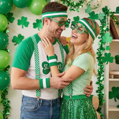 4pcs St. Patrick's Day Accessory Set - Shamrock Suspenders, Glitter Glasses, Striped Wristbands & Headband for Leprechaun Costume Irish Party Outfit in Saudi Arabia