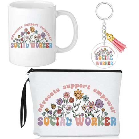 Havawish 3 Pcs Social Worker Month Gift for Women Wildflower Cosmetic Bag Makeup Bag Advocate Support Coffee Mug 11 oz Novelty Cup and Keychain Socialworker Appreciation Gift(Cute,Acrylic) in Kuwait