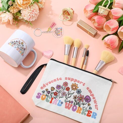 Havawish 3 Pcs Social Worker Month Gift for Women Wildflower Cosmetic Bag Makeup Bag Advocate Support Coffee Mug 11 oz Novelty Cup and Keychain Socialworker Appreciation Gift(Cute,Acrylic) in Kuwait
