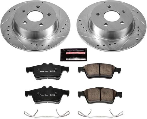 طقم فرامل خلفية PowerStop لسيارة Ford C-Max 2013-18 |Escape 2013-16 |Transit Connect 2014-18 - دوارات قرصية محفورة ومشقوقة مع استبدال وسادات الفرامل السيراميكية، K6398 in Saudi Arabia