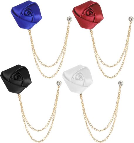 Brooch Lapel Pin for Men, 4 PCS Lapel Flowers with Chain for Men Suits, Multicolor Rose Handmade Satin Flower Lapels Pin with Hanging Chain Vintage Groom Wedding Brooch for Men's Suit Wedding Party in Kuwait