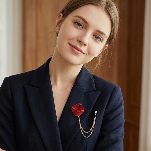 Brooch Lapel Pin for Men, 4 PCS Lapel Flowers with Chain for Men Suits, Multicolor Rose Handmade Satin Flower Lapels Pin with Hanging Chain Vintage Groom Wedding Brooch for Men's Suit Wedding Party in Kuwait