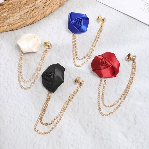 Brooch Lapel Pin for Men, 4 PCS Lapel Flowers with Chain for Men Suits, Multicolor Rose Handmade Satin Flower Lapels Pin with Hanging Chain Vintage Groom Wedding Brooch for Men's Suit Wedding Party in Kuwait