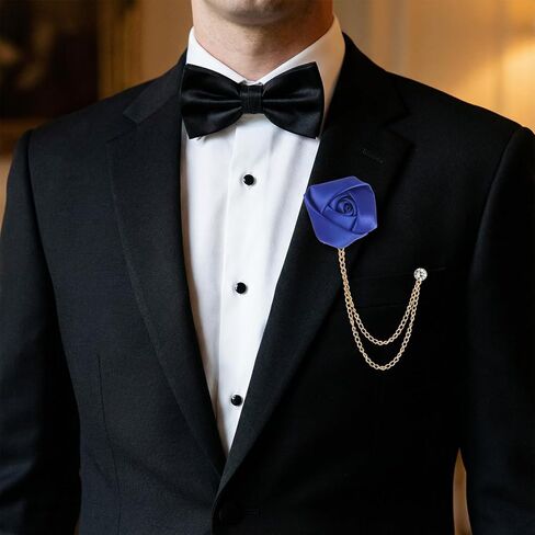 Brooch Lapel Pin for Men, 4 PCS Lapel Flowers with Chain for Men Suits, Multicolor Rose Handmade Satin Flower Lapels Pin with Hanging Chain Vintage Groom Wedding Brooch for Men's Suit Wedding Party in Kuwait
