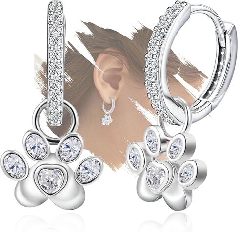 أقراط هوب مع طباعة مخالب للنساء من الفضة الاسترليني لطيف الحيوانات الأليفة جرو القط الكلب مخلب طباعة أقراط القلب هيبوالرجينيك مكعب زركونيا داينتي حلقة مجوهرات هدايا in Kuwait