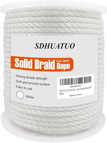 SDHUATUO 5/16 بوصة حبل مضفر من النايلون الصلب، سلك بوليستر 200 قدم 1760 رطل، مقاوم للأشعة فوق البنفسجية ومقاوم للاهتراء، حبل مرن ناعم للأراجيح، خيمة التخييم، سارية العلم، خيوط خارجية، مقاود الكلاب (أبيض) in Kuwait