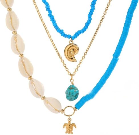Bohemian Surfer Heishi Bead Layered Choker Necklace with Shell Conch Sea Turtle Charm Pendant Hawaii Holiday Beach Wedding Starfish Long Necklaces Set for Women and Girls in Kuwait