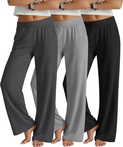 3 Pack Girls' Wide Leg Pants Elastic Waist Baggy Comfy Sweatpants Kids Casual Loose Trousers with Pockets in Kuwait