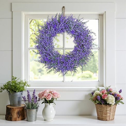 TOCHGREEN 23 Inch Lavender Wreath for Front Door Artificial Spring Summer Purple Lavender Floral Wreaths All Seasons Eucalyptus Wreaths for Indoor Outdoor Outside Wall Home Farmhouse Window Decor in Kuwait