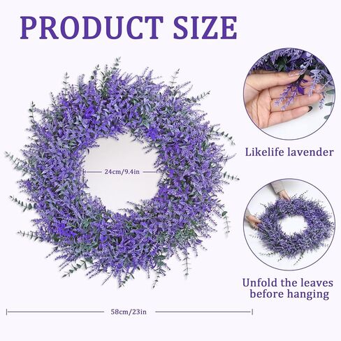TOCHGREEN 23 Inch Lavender Wreath for Front Door Artificial Spring Summer Purple Lavender Floral Wreaths All Seasons Eucalyptus Wreaths for Indoor Outdoor Outside Wall Home Farmhouse Window Decor in Kuwait