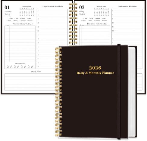 Daily Planner 2026 - Full Page Per Day, Jan 2026 to Dec 2026, 2026 Daily Planner with Spiral Bound, Inner Pocket, Perfect for School Office Supplies, 7'' x 10'', Black in Kuwait